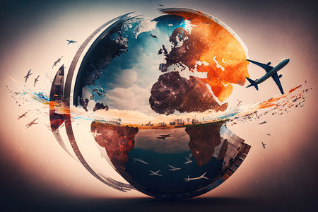 double exposure of plan flights to travel around world and globe against sky background, created with generative aiの素材