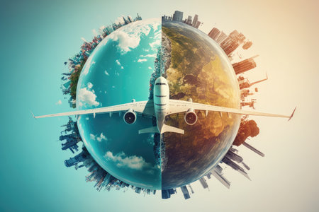 double exposure of plan flights to travel around world and globe against sky background, created with generative aiの素材