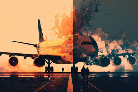 overheated plane flights double exposure taxiing to runway of airport, created with generative aiの素材
