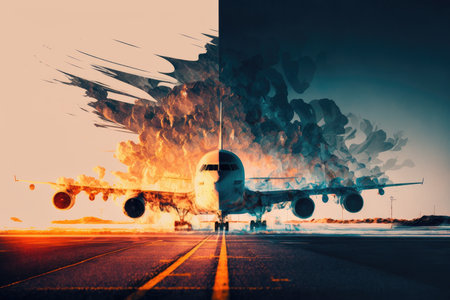 overheated plane flights double exposure taxiing to runway of airport, created with generative aiの素材