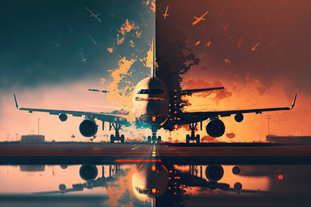 overheated plane flights double exposure taxiing to runway of airport, created with generative aiの素材