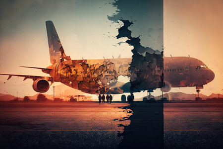 overheated plane flights double exposure taxiing to runway of airport, created with generative aiの素材