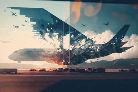 double exposure commercial flights traveling through airport to take off, created with generative aiの素材