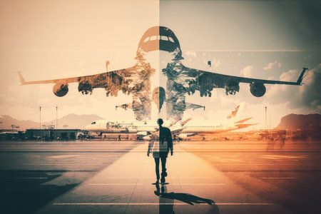 double exposure commercial flights traveling through airport to take off, created with generative aiの素材