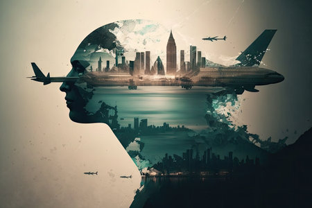 flying around the world jet plane flights double exposure, created with generative aiの素材