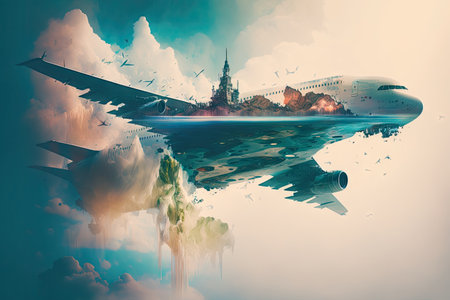 aircraft flying over clouds, pilot and flight map double exposure, created with generative aiの素材