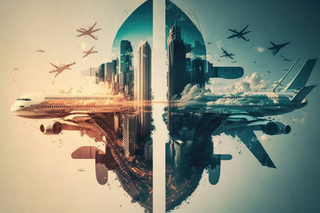 planes and air flights over city transport double exposure, created with generative aiの素材