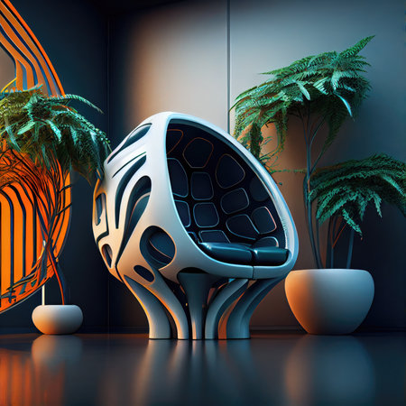 futuristic chair with plant decoration in room of sci-fi futuristic interior, created with generative aiの素材