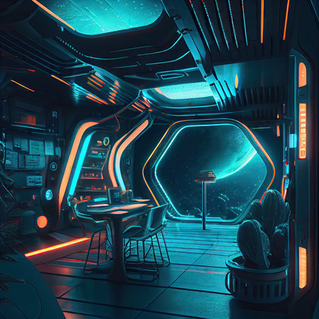 beautiful futuristic space with neon lights sci-fi futuristic interior, created with generative aiの素材