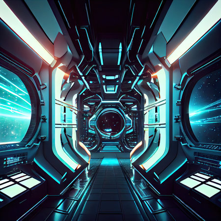 futuristic interior of space future with glowing and illuminated walls sci-fi, created with generative aiの素材