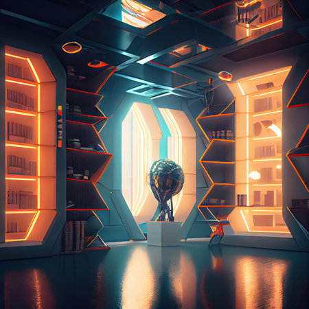 room with shelves and lamps sci-fi futuristic interior, created with generative aiの素材