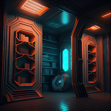 room with shelves and lamps sci-fi futuristic interior, created with generative aiの素材