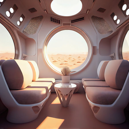 futuristic interior of spacecraft with light walls and comfortable seat, created with generative aiの素材