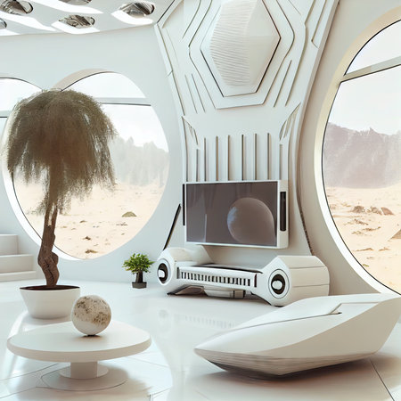 futuristic living room with white walls and equipment in sci-fi futuristic interior, created with generative aiの素材