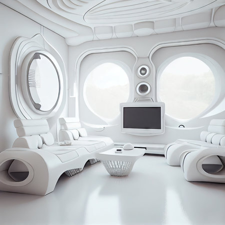 futuristic living room with white walls and equipment in sci-fi futuristic interior, created with generative aiの素材