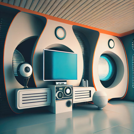 futuristic sci-fi futuristic interior with paneling on walls and large television, created with generative aiの素材