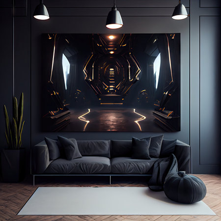 black glossy room with soft light on walls sci-fi futuristic interior, created with generative aiの素材