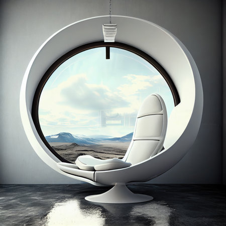 white round chair with panoramic window in sci-fi futuristic interior, created with generative aiの素材