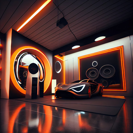 showroom of products with advanced sci-fi futuristic interior lighting, created with generative aiの素材