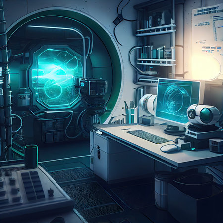 futuristic scientific laboratory with computer and equipment inside sci-fi futuristic interior, created with generative aiの素材