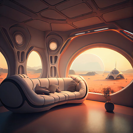 spacious sci-fi futuristic interior with comfortable soft sofa, created with generative aiの素材