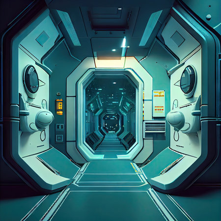 unworldly sci-fi futuristic interior of spaceship with bright walls and floors, created with generative aiの素材