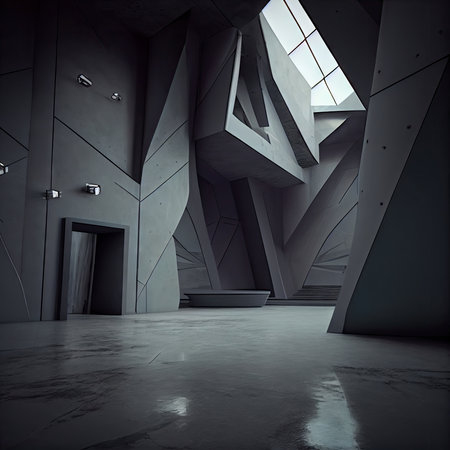 empty sci-fi futuristic interior with high ceiling in dark gray tones, created with generative aiの素材