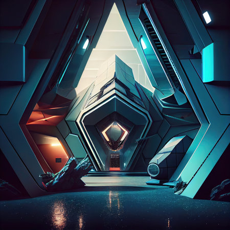 futuristic space station with triangular walls sci-fi futuristic interior, created with generative aiの素材