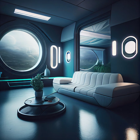futuristic sci-fi future interior of home with flashing walls and soft sofa, created with generative aiの素材