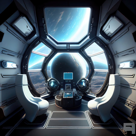futuristic sci-fi futuristic interior of space spaceship with wide windows, created with generative aiの素材