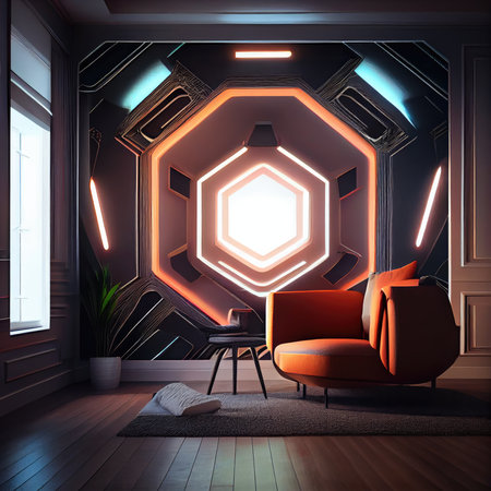 room with bright illumination in sci-fi futuristic interior with stylish walls, created with generative aiの素材