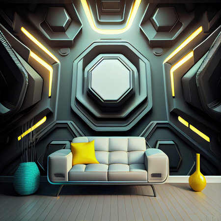 room with bright illumination in sci-fi futuristic interior with stylish walls, created with generative aiの素材