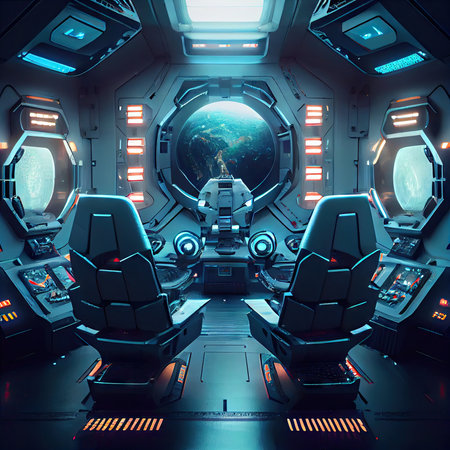 futuristic sci-fi futuristic interior of spaceship control panel with sunken chairs, created with generative aiの素材