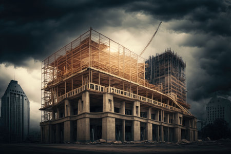 construction of wooden scaffolding near building against background of city in cloudy weather, created with generative aiの素材