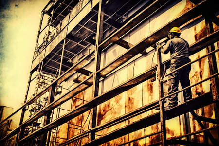 construction worker fixing metal tracks on scaffolding near building, created with generative aiの素材