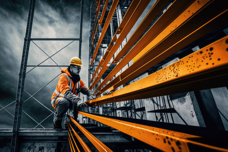 construction worker fixing metal tracks on scaffolding near building, created with generative aiの素材