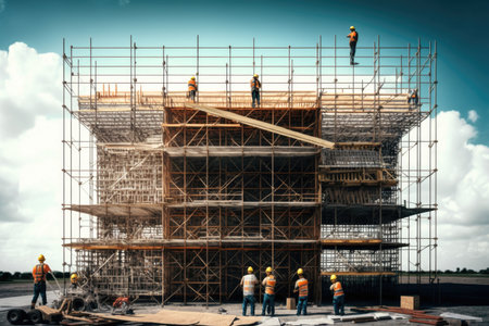 construction of scaffolding near building and builders working on frame, created with generative aiの素材