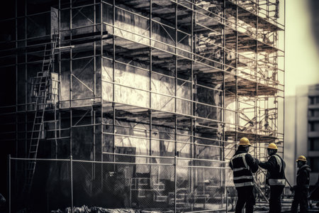construction of scaffolding near building and builders working on frame, created with generative aiの素材