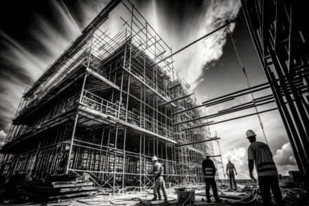 construction of scaffolding near building and builders working on frame, created with generative aiの素材