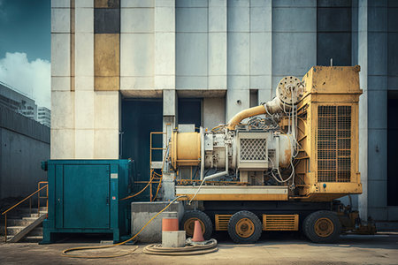 construction machine pump near scaffolding at building, created with generative aiの素材