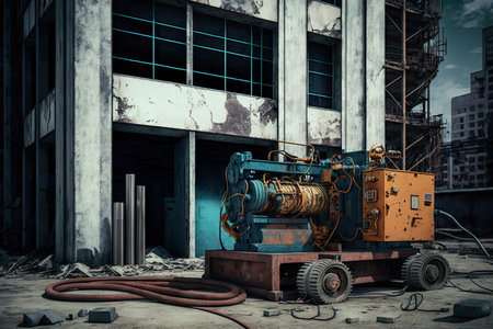 construction machine pump near scaffolding at building, created with generative aiの素材