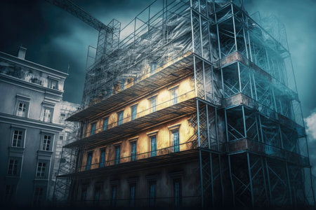 construction of metal scaffolding near building against background of city, created with generative aiの素材