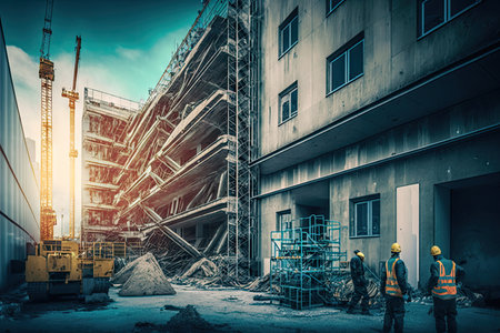 construction of construction works on pipeline scaffolding near building, created with generative aiの素材
