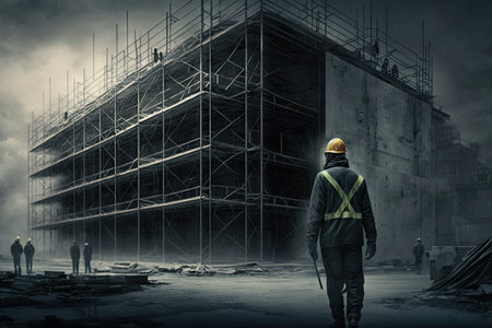 construction worker on site near building with scaffolding, created with generative aiの素材