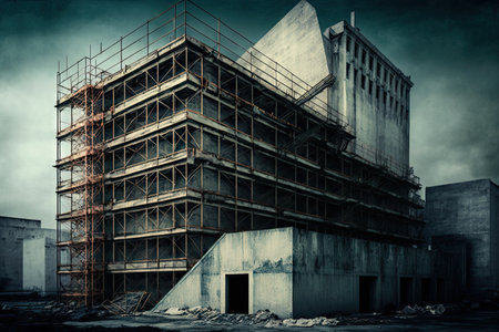 scaffolding near building high on buildings and concrete walls, created with generative aiの素材