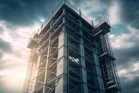 construction of reinforced concrete tower with metal design scaffolding near building, created with generative aiの素材