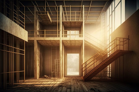 construction scaffolding near building with interior walls and wooden flooring, created with generative aiの素材