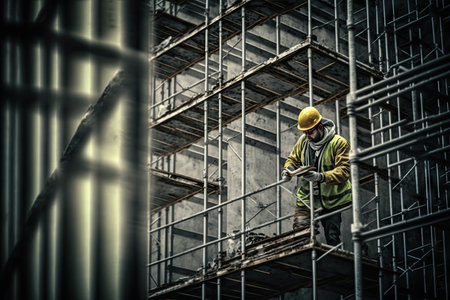 construction site worker in helmet installing metal segments of scaffolding near building, created with generative aiの素材