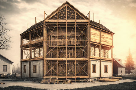 construction of house wooden scaffolding near building, created with generative aiの素材
