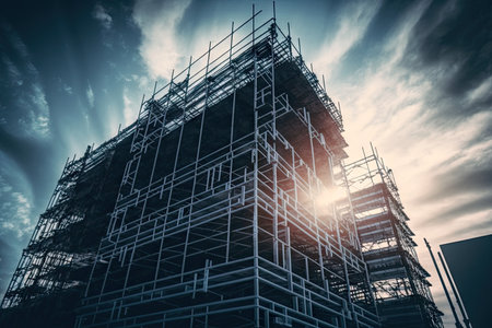 construction engineering over city center scaffolding near building, created with generative aiの素材